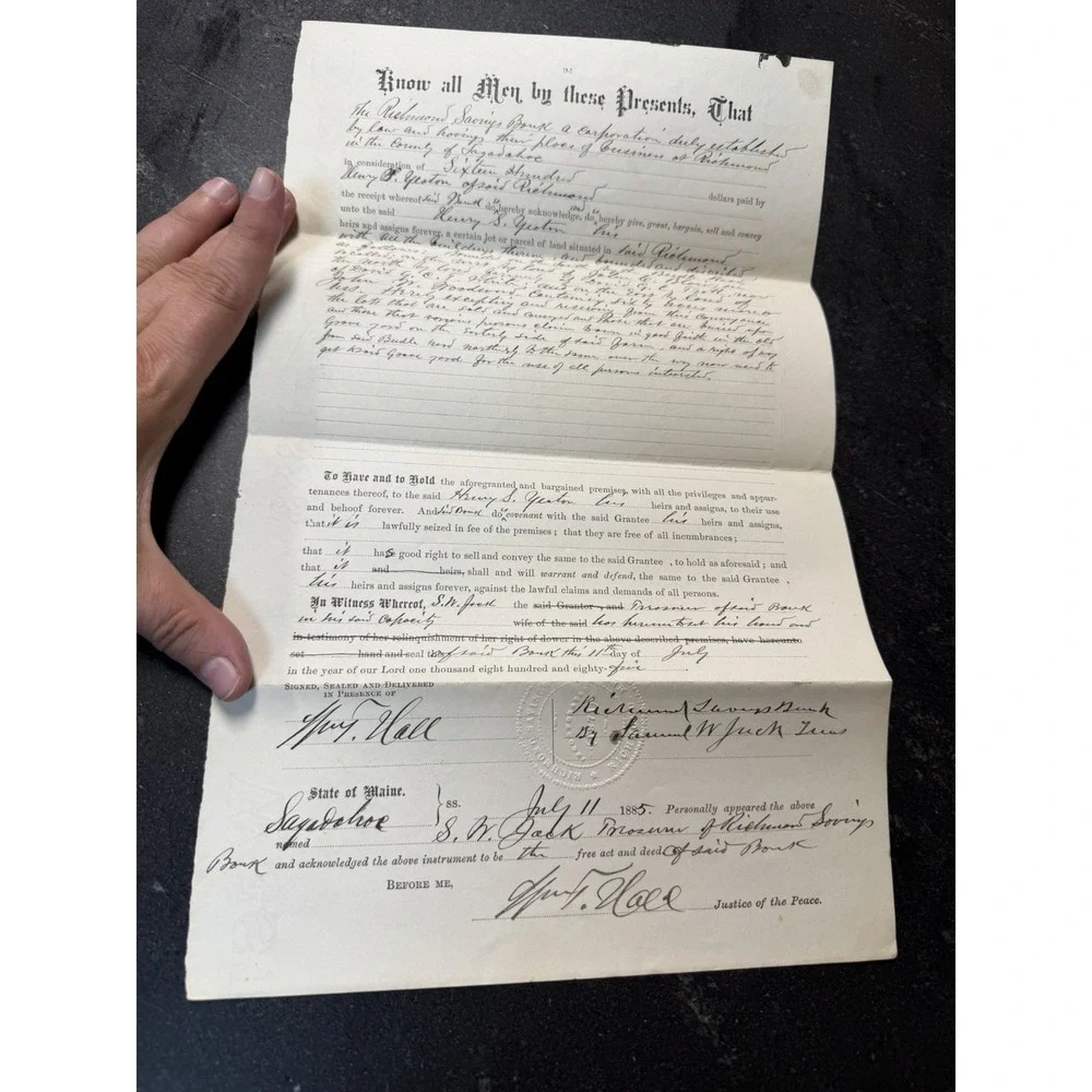 1885 Maine Warranty Deed Richmond Savings Bank Sagadahoc County Antique Document